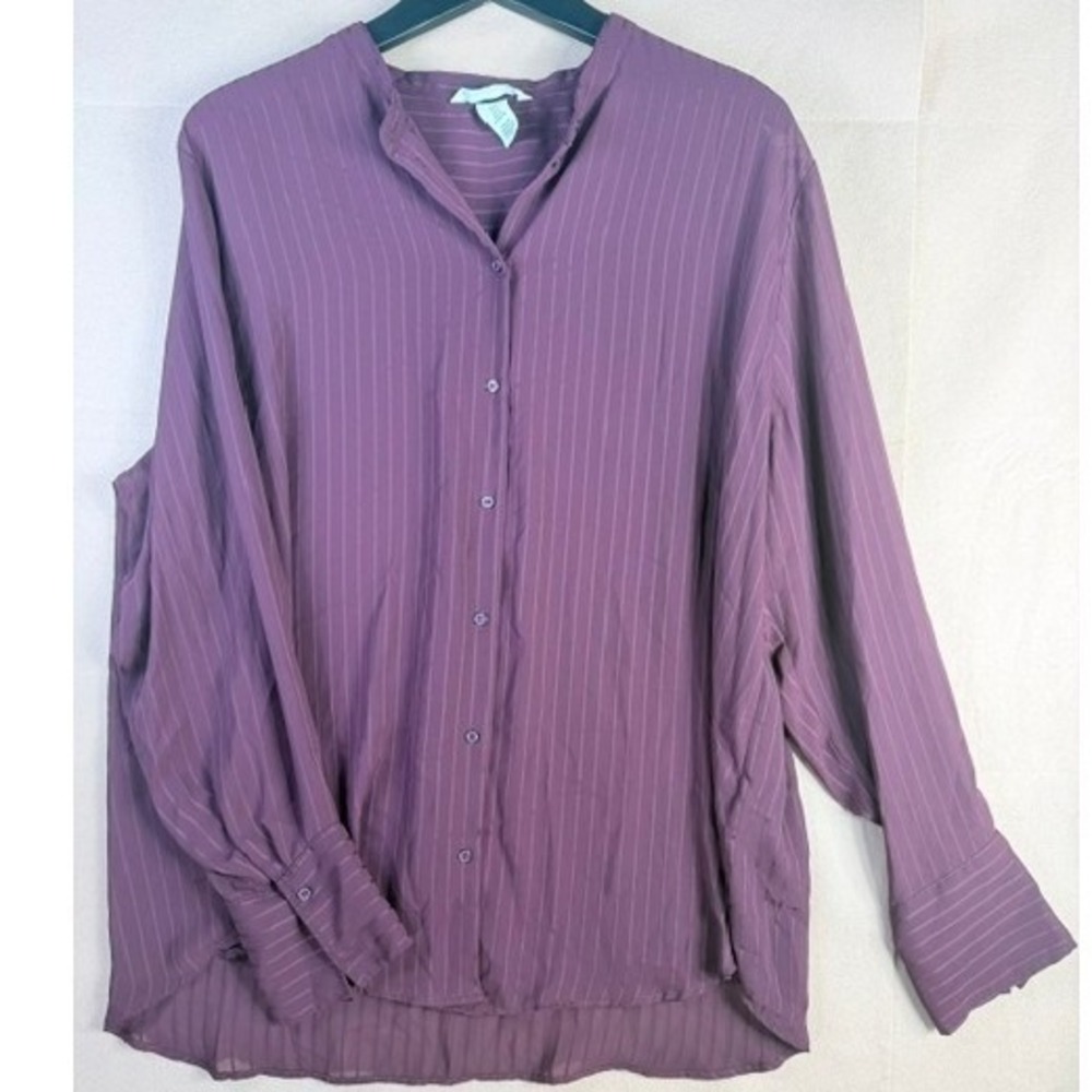 H&M Women's XL Mauve Purple Sheer Striped Button Front Blouse Long Sleeve